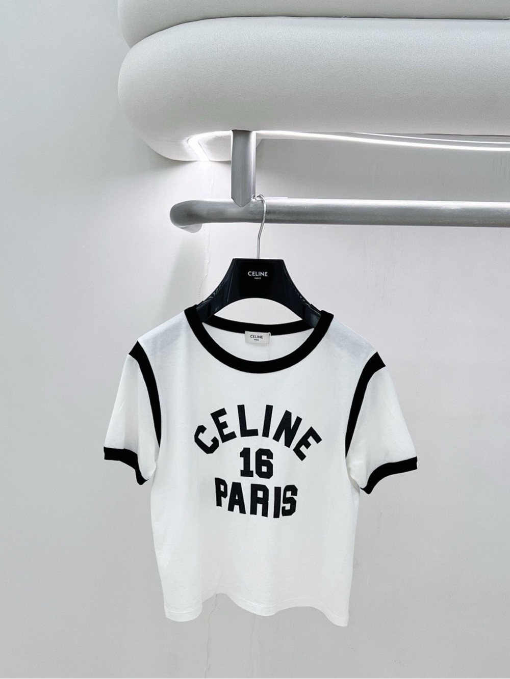 Celine White Tee with Black Ringer Trim and Logo